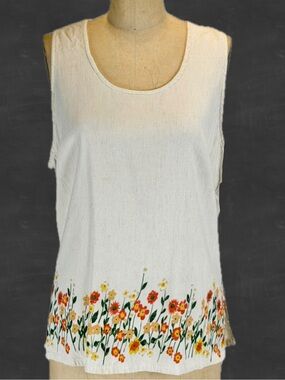 VINTAGE 90s wildflower tank top sleeveless cotton linen floral prairie flower